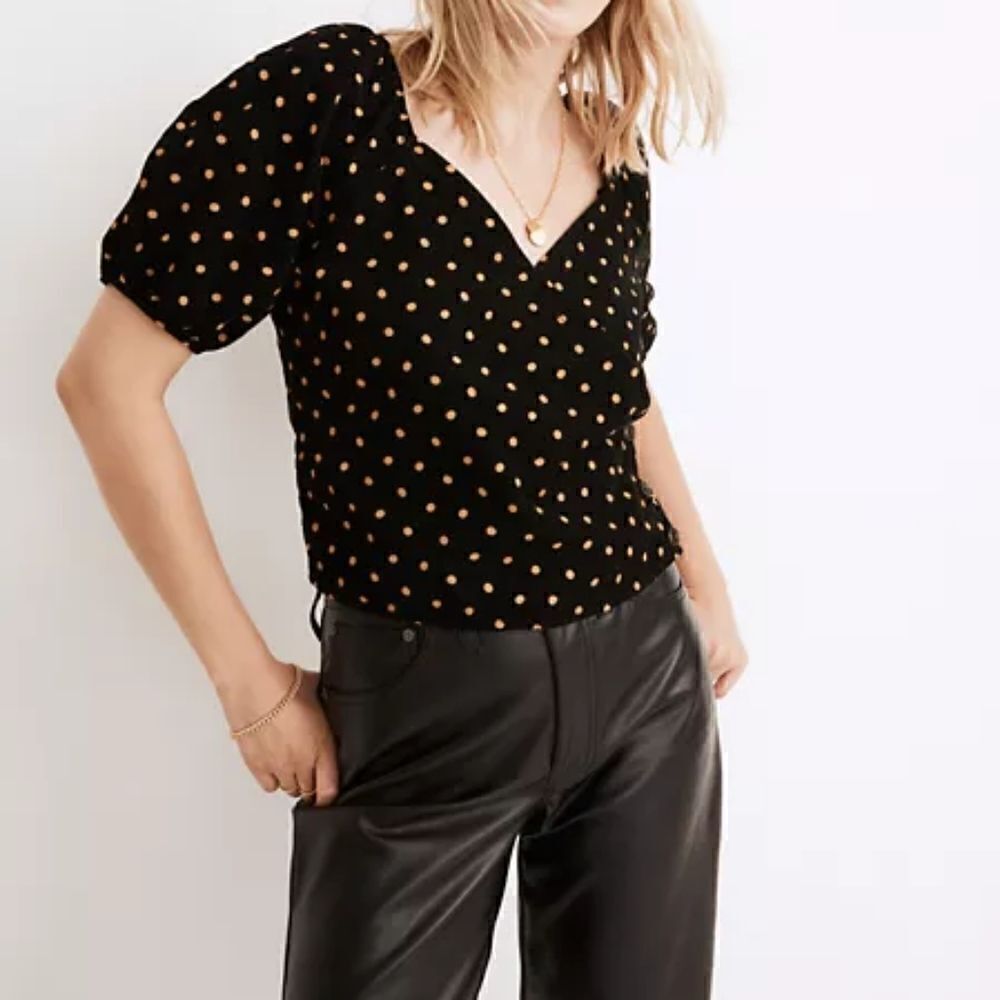 Madewell Corduroy Black Yellow Polka Dot Wrap Top with Puff Sleeve Med